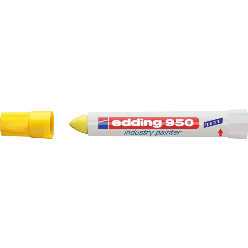 Red industrial paint marker with a broad tip, featuring a white barrel and yellow cap, labeled "edding 950 industry painter" in blue and red text.