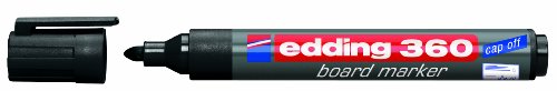 Black bullet tip whiteboard marker pen with a removable cap, featuring a sleek design and labeled "edding 360 board marker" in white and red text.