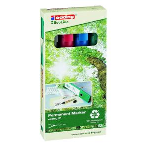 Edding EcoLine permanent marker set featuring three pens in red, blue, and green, packaged in a recyclable box with a tree design.