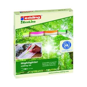 Four Edding 24 EcoLine highlighters in pink, yellow, green, and orange, packaged in a recyclable box featuring a nature-themed design and eco-friendly branding.