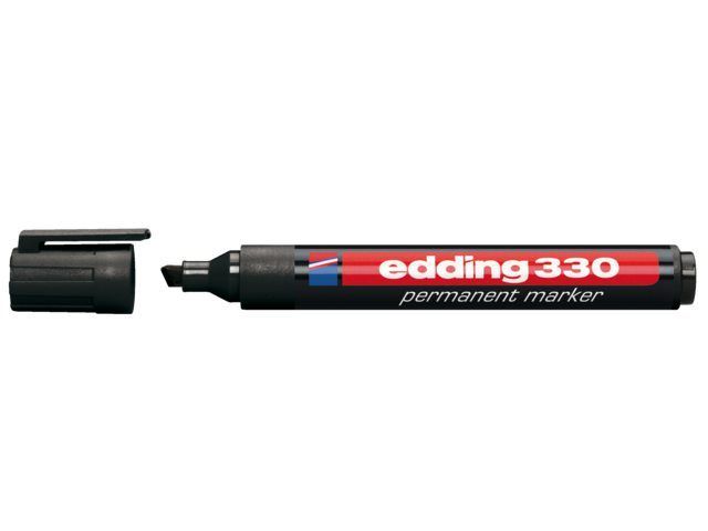 Black permanent marker with a chisel tip, featuring a red and white label that reads "edding 330" and a removable cap.