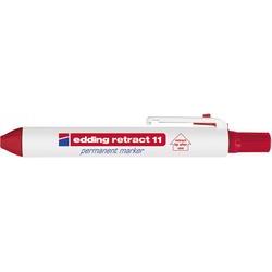 Red permanent marker with a bullet tip, featuring a retractable design and a white barrel labeled "Edding Retract 11" in blue and red colors.