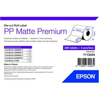 Epson 7113424 white self-adhesive printer label, die-cut roll, PP Matte Premium, 250 labels per box.