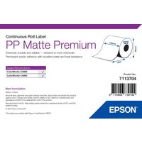 Epson 7113704 white self-adhesive printer label, continuous roll, PP Matte Premium, with purple and blue accents.