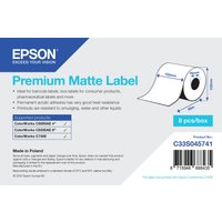 Epson C33S045741 self-adhesive printer label roll, premium matte, 8 pieces per box, blue and white packaging.