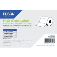Epson High Gloss Label roll, die-cut, 102mm x 51mm, 610 labels, white with blue and green packaging details.