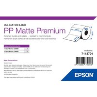 Epson PP Matte Label Premium, die-cut roll, 105mm x 152mm, 185 labels, white with blue and purple text.
