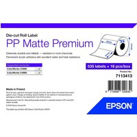 Epson PP Matte Label Premium, die-cut roll, 76mm x 51mm, 535 labels, white with blue and black text on packaging.