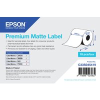 Epson Premium Matte Label roll, 102mm x 35m, white continuous roll with blue and gray packaging details.
