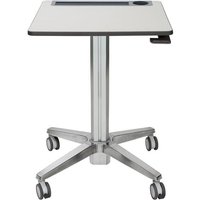 Adjustable Ergotron LearnFit desk with white tabletop, silver frame, and four caster wheels.