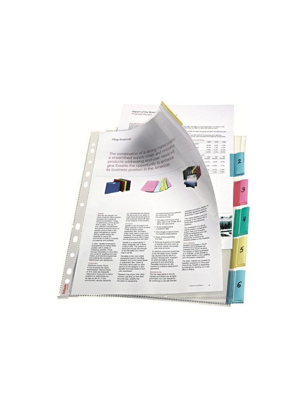 Transparent A4 index pocket with colorful tabs numbered 1 to 6, holding printed documents securely, made of durable plastic for easy organization.