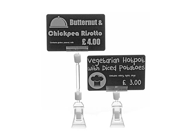 Black label holders with clear plastic bases, displaying menu items and prices in white text, featuring a chalkboard style for easy writing and erasing.