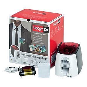 Evolis Badgy 200 Color Thermal Printer in white and red, with a compact design, accompanied by a box, ribbon, blank cards, and software CD for easy ID card printing.