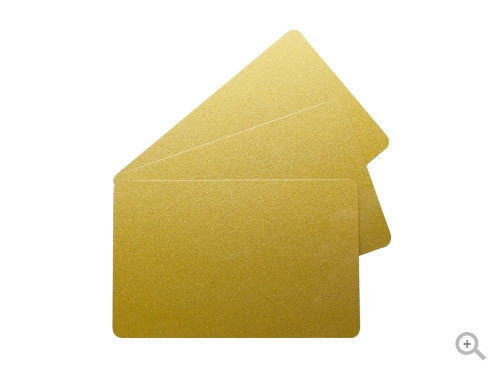 Three blank plastic cards in a shimmering gold color, featuring a smooth surface and rounded corners, ideal for customization and printing.