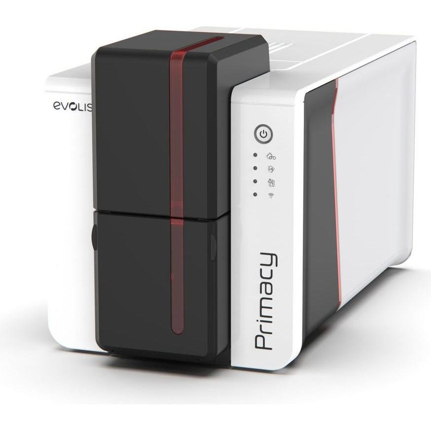 Evolis Primacy 2 Duplex Wireless ID Card Printer in black and white, featuring a sleek design, dual-sided printing capability, and illuminated control panel on the front.