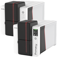 White and black Evolis Primacy 2 GO Pack Simplex card printer with red accents and control panel.