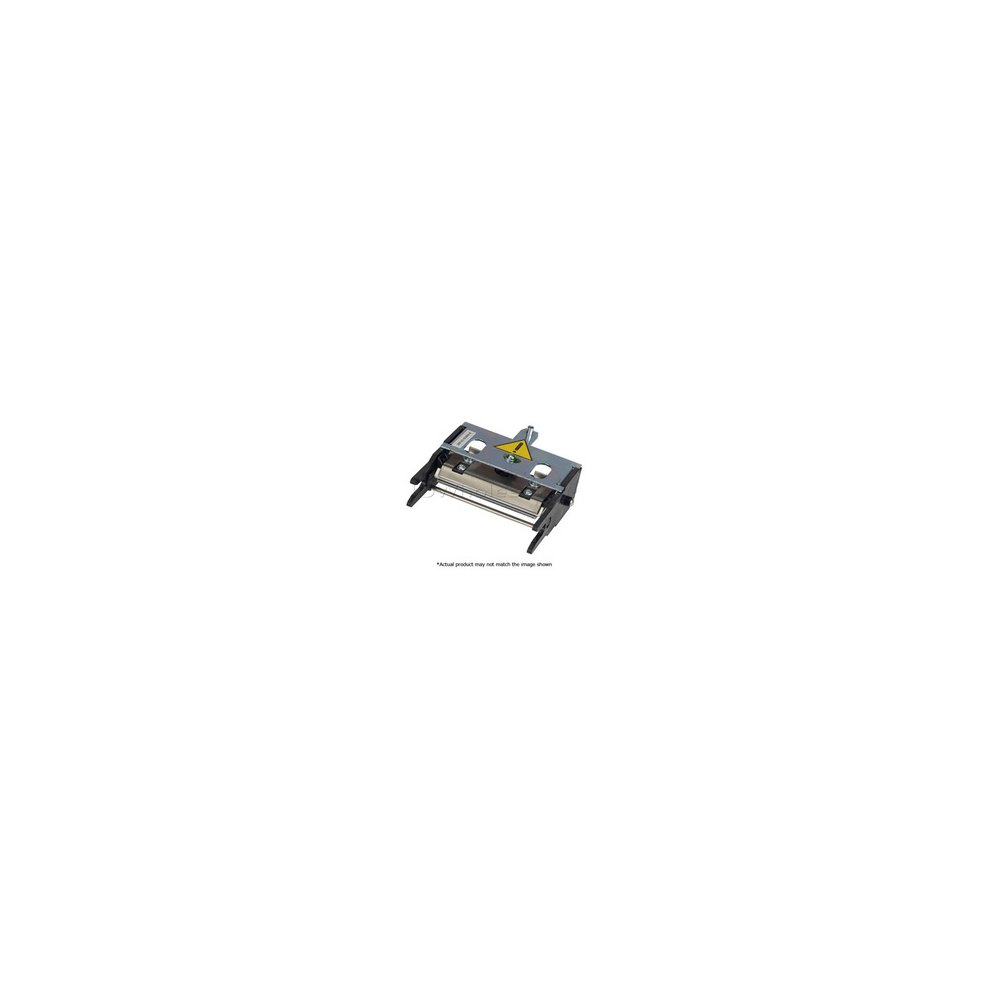 Evolis Prin Hed features a compact black design with a metallic roller, designed for card printing, showcasing a yellow warning label for safety.