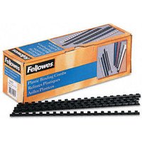 Fellowes 19mm black plastic binding combs, 100 pack, with orange and blue box displaying product image.