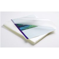 Clear Fellowes 6001901 laminator pouch with a glossy finish, partially covering a colorful document.