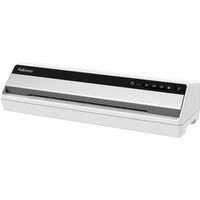 White Fellowes A3 laminator with black control panel, sleek design, includes 10 A4 laminating pouches.