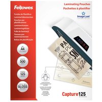 Fellowes LAM POUCH 250MIC A4 PK500, clear laminating pouches, red and white packaging, 500 count, glossy finish