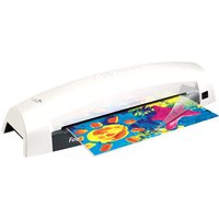 White Fellowes Lunar A3 laminator with curved design, laminating colorful artwork.