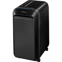Black Fellowes LX220 paper shredder with sleek design, front panel, and caster wheels.