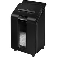 Black Fellowes AutoMax 100M paper shredder with auto feed, mini cut, 23L bin, and advanced security P4 features.
