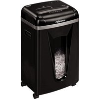 Black Fellowes Powershred 450M paper shredder with cross-cut feature, 22 cm width, and visible shredded paper compartment.