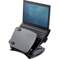 Black Fellowes laptop workstation with adjustable platform and integrated document holder, supporting an open laptop.