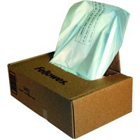 Cardboard box of Fellowes Shredder Bags 165 Litres with a translucent bag protruding from the top.