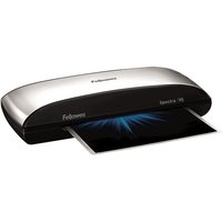 Black and grey Fellowes Spectra A4 laminator with sleek curved design and paper emerging from the front slot.