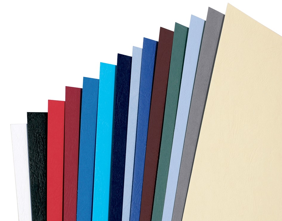 GBC LeatherGrain Binding Covers in various colors, including black, red, blue, and green, showcasing a textured finish, with A3 size and 250 gsm weight.