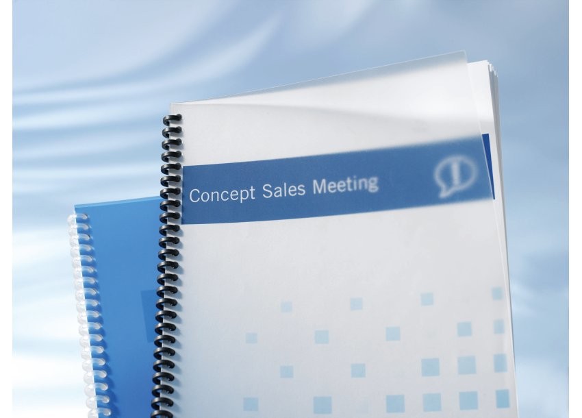 Translucent clear binding cover made of 350-micron poly material, featuring a blue header with "Concept Sales Meeting" text and a spiral binding.
