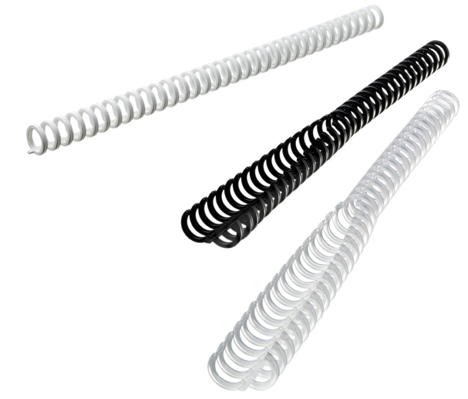 GBC ClickBind binding spines in black, white, and clear colors, 16mm size, designed for A4 documents with a 145-sheet capacity and 34 rings.