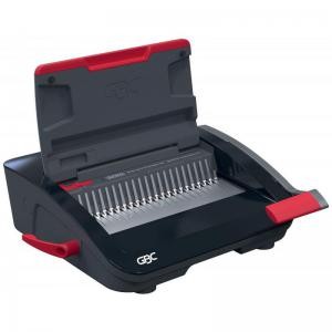 GBC CombBind CB20 manual binding machine in black and red, featuring a lever for binding, a comb slot, and a sturdy plastic design for durability.