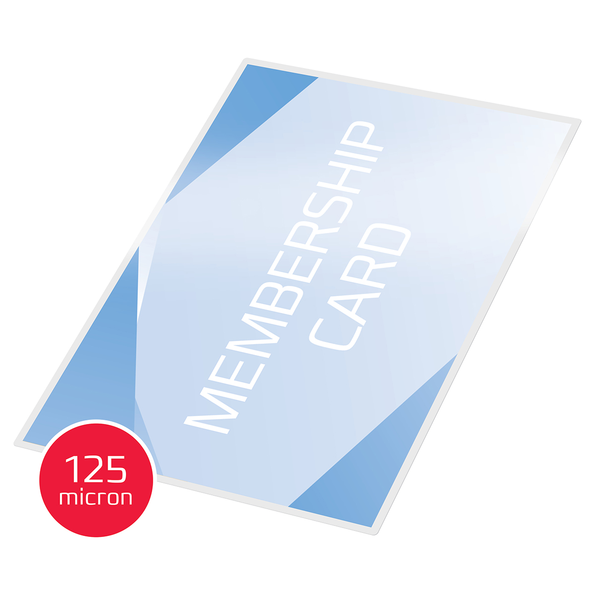 Clear, glossy card pouch measuring 75x105mm, 125 microns thick, featuring a "MEMBERSHIP CARD" label, packaged in a set of 100 by GBC.