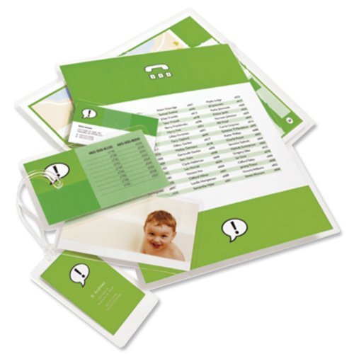 Clear lamination pouches in A2 size, 125 microns thick, featuring a vibrant green border, ideal for protecting documents and photos with a glossy finish.