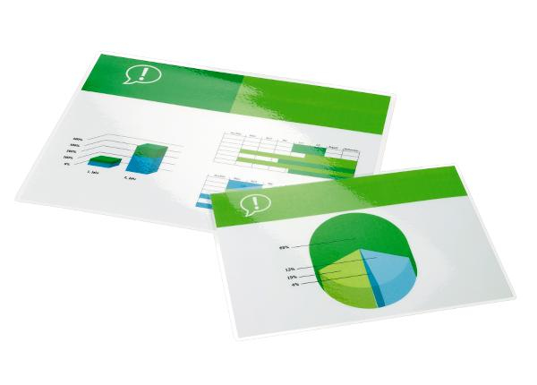 Clear, glossy lamination pouches in A2 size, 80 microns thick, featuring a vibrant green accent and designed for protecting documents and presentations.
