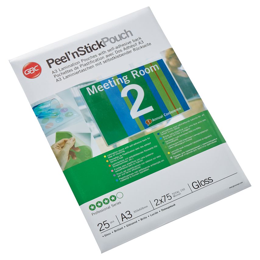 Clear gloss laminating pouch pack featuring a green and white design, labeled "Peel'n Stick Pouch," containing 25 A3 pouches, each 75 microns thick, ideal for presentations.