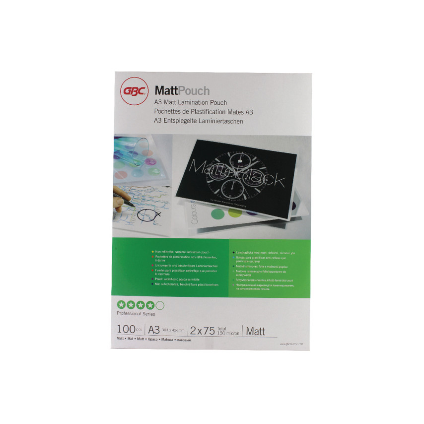 GBC Matt Laminating Pouches pack, A3 size, 100 pouches, 2x75 microns, featuring a professional series design with a matte finish and colorful graphics on the packaging.