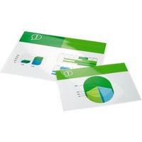 Clear GBC A4 lamination pouch, 125 micron thickness, with green and white header design, encasing colorful charts.