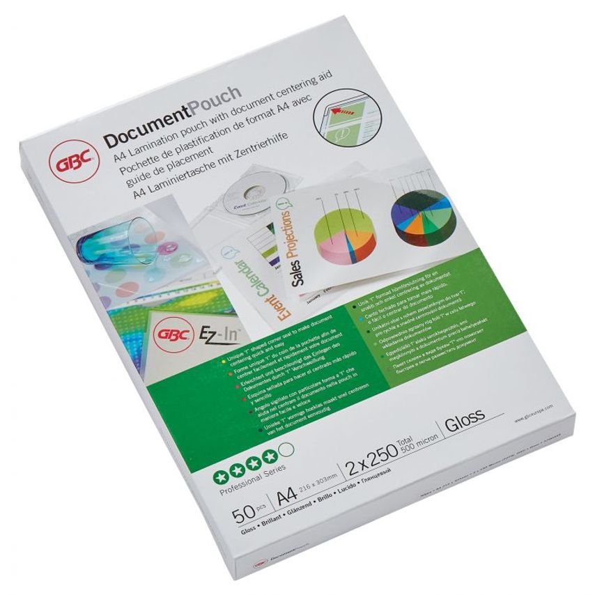 GBC 3740449 A4 gloss document pouch pack featuring 50 pouches, 250 microns thick, with a white packaging design and colorful graphics showcasing document use.