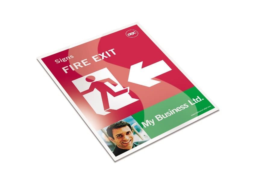 A glossy A4 lamination pouch featuring a red and green design with a fire exit sign, a graphic of a person exiting, and a space for business information.