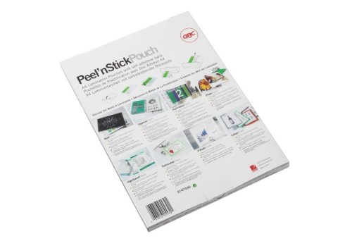 GBC Peel N Stick Gloss Laminating Pouches pack featuring a white background with green accents, showcasing product details and instructions on the back, designed for A4 size documents.