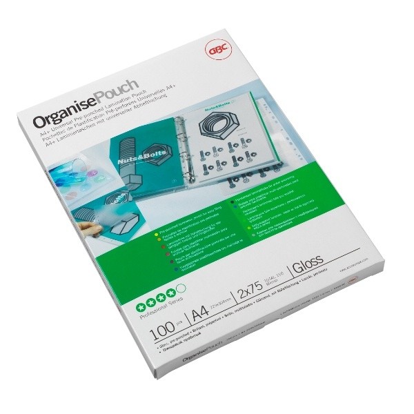 GBC Organise Laminating Pouches in a glossy finish, 2x125 micron thickness, A4+ size, packaged in a white box with green and blue accents, containing 100 pouches.