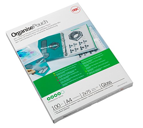 GBC Organise Gloss Laminating Pouches pack featuring 100 A4 pouches, 2x75 micron thickness, with a green and white design showcasing various document organization features.