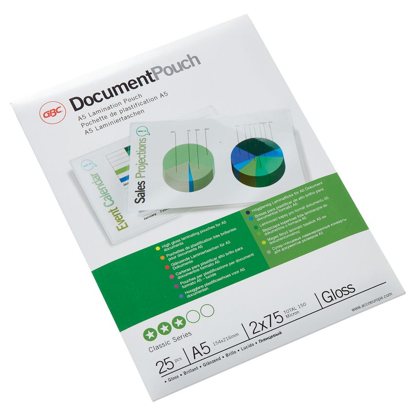 GBC A5 Gloss Document Pouch pack featuring 25 pouches, 75 microns thick, with a clear glossy finish, ideal for protecting documents and presentations.