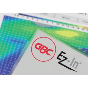 Clear A5 gloss document pouches in a pack of 100, made of 80-micron material, featuring the GBC logo and EZ-In branding for easy document insertion.