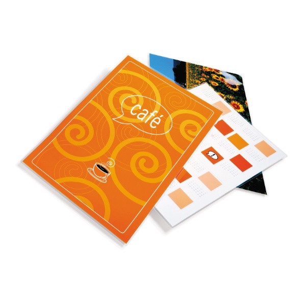 GBC 3740442 A6 gloss document pouches in orange with swirling patterns, showcasing three pouches, ideal for protecting documents with a thickness of 125 microns.